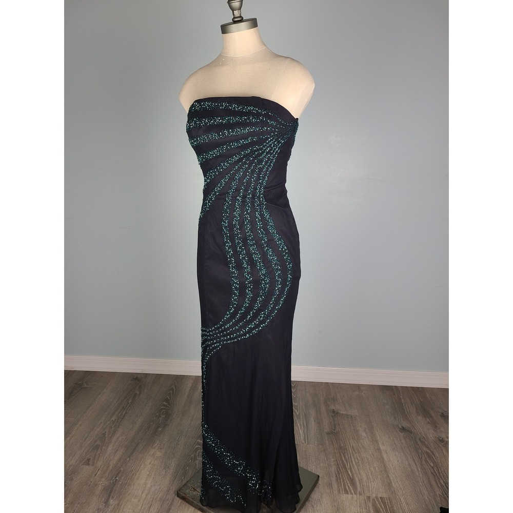 VTG Y2K Alyce Designs Sz 2 Formal Dress 100% Silk Beaded Strapless Mermaid Prom